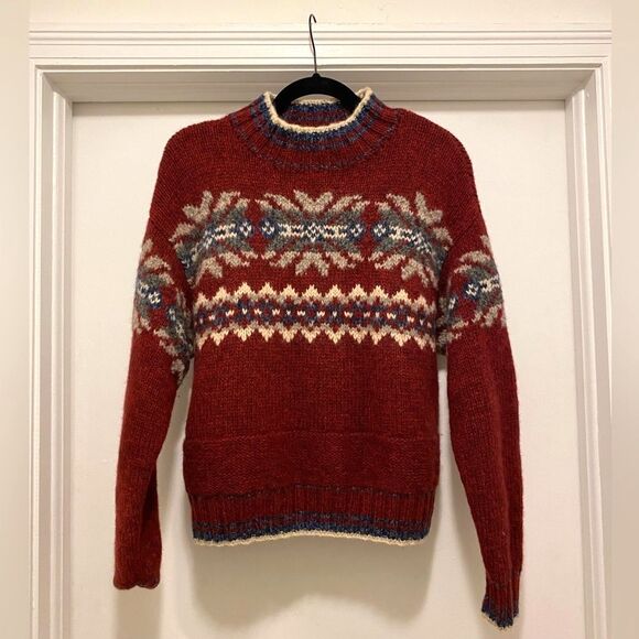 Vtg American Eagle Wool Sweater Medium Red Fisherman Mock Neck Grandpa Nordic - Picture 1 of 5